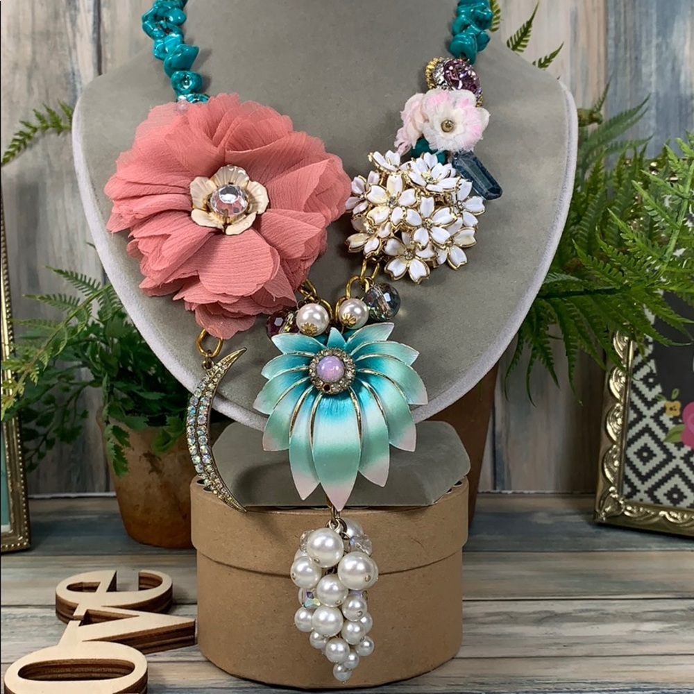 Statement Floral Cluster Necklace in Coral and Teal - Designer Style